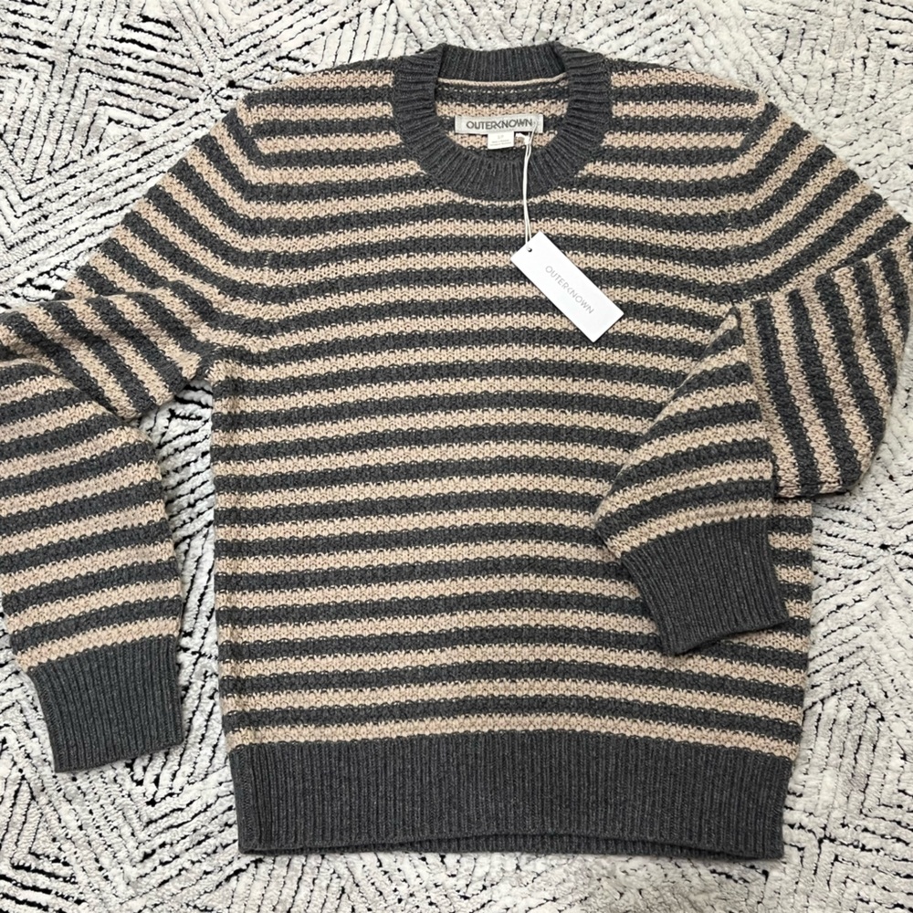 Outerknown Gray and Cream Striped Wool Sweater